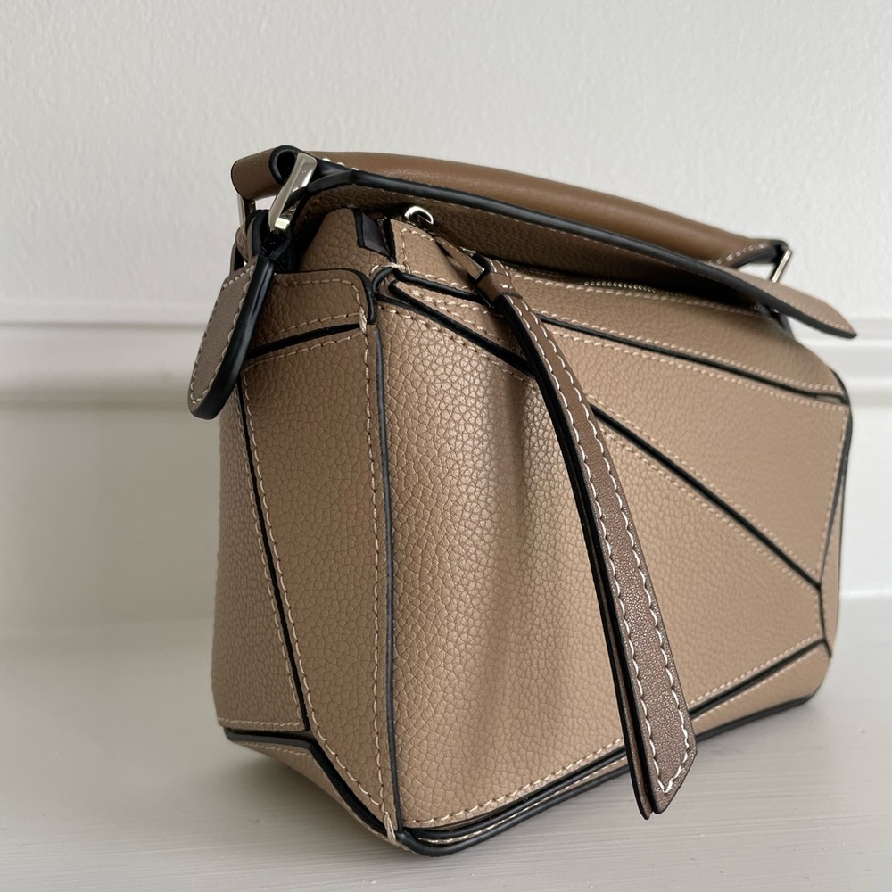 Mini Geo Panel Structured Bicolor Top Handle Bag - Taupe & Brown - Picture 3 of 14